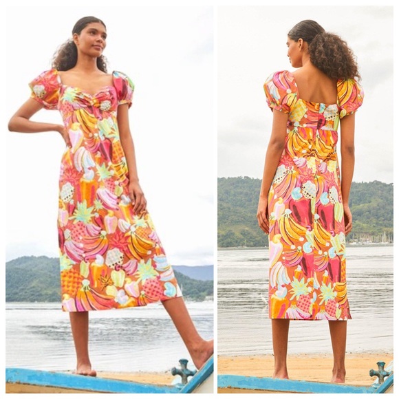 Farm Rio Fruit Salad Puff Sleeve Maxi Dress  Size Small & Medium - Picture 1 of 8